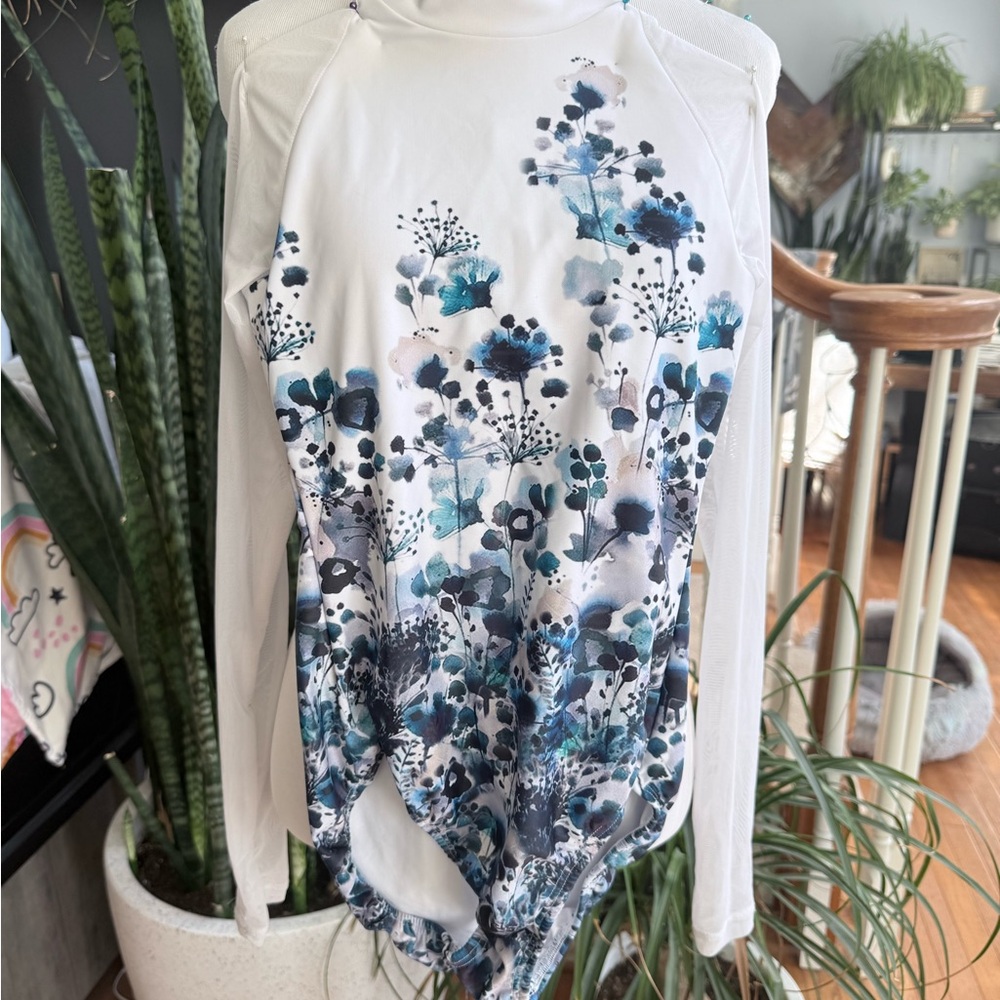 Floral Print with Mesh Long Sleeve Leotard